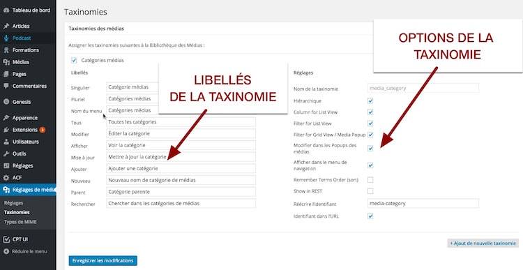 Option de la taxinomie WordPress par défaut dans Enhanced Media Library