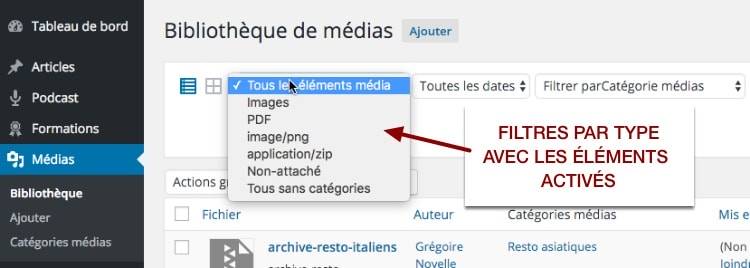 Filtre de Enhanced Media Library pour les types de médias