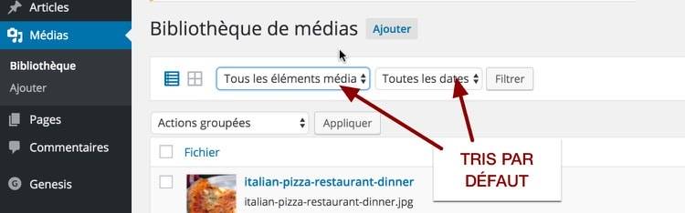 Tri par défaut dans la bibliothèque de médias WordPress