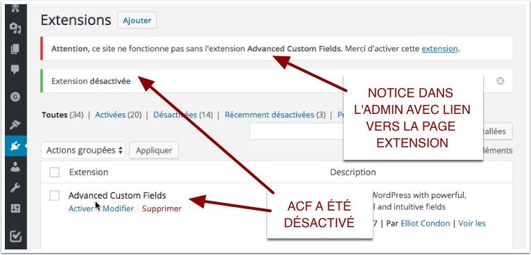 Notification en back quand Advanced Custom Fields a été désactivé dans WordPress