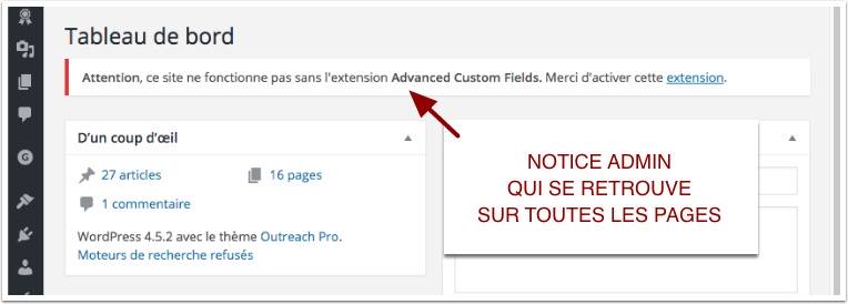 Notification en back-office quand Advanced Custom Fields n'est pas actif dans WordPress