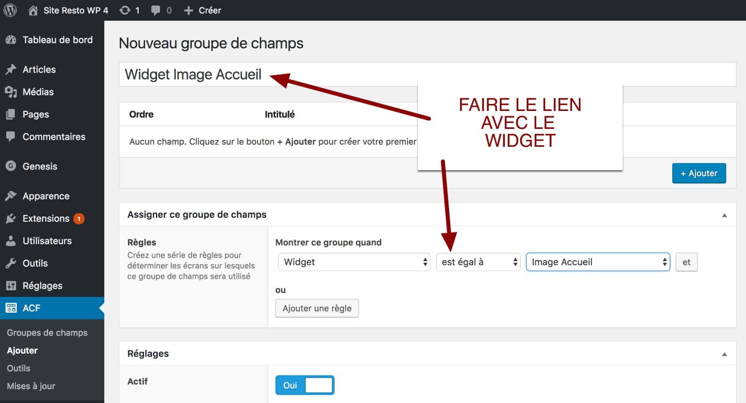 Lien entre le groupe de champs d'ACF pro et le widget créé par ACF Widget