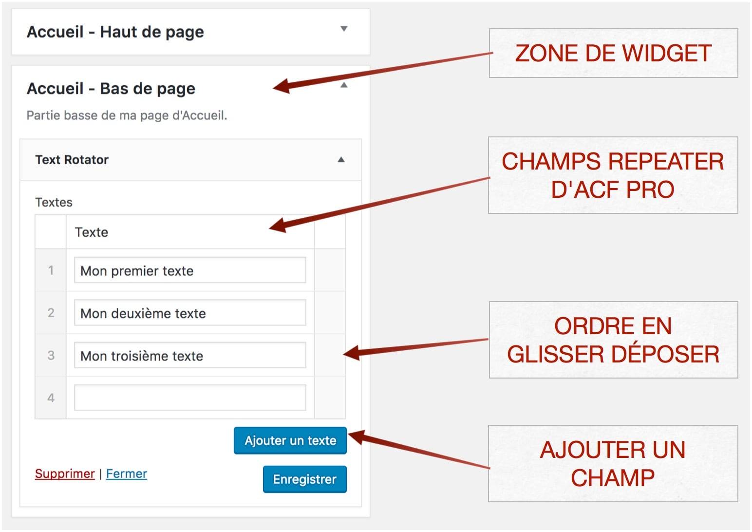 Gestion du widget WordPress créé avec Text Rotator, ACF Pro et ACF Widgets