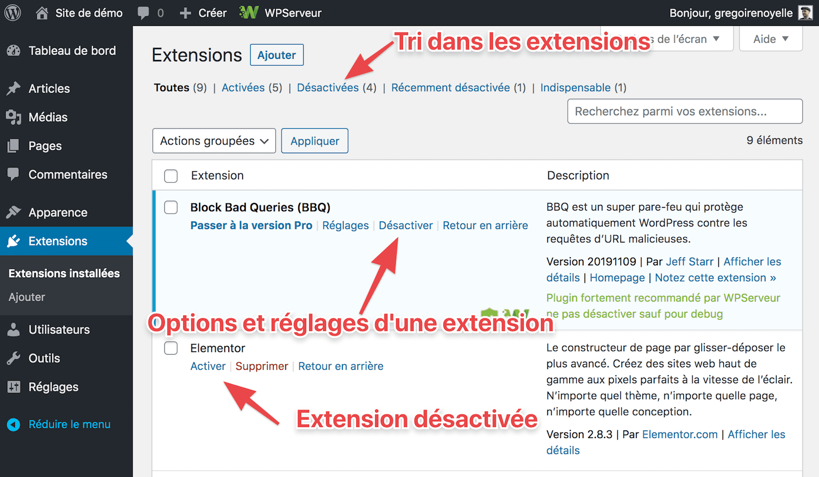 capture: Liste des extensions